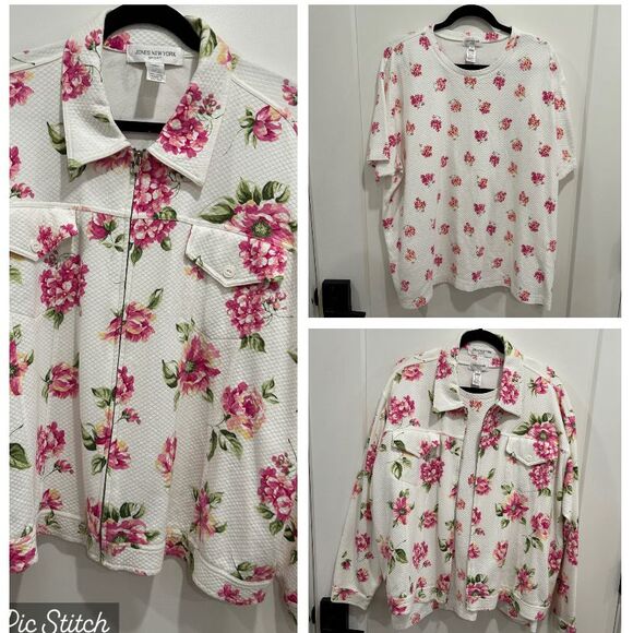 Jones New York Sport Floral Cotton Jacket & Top Set Size 3X White‎ Pink Plus - Picture 1 of 16